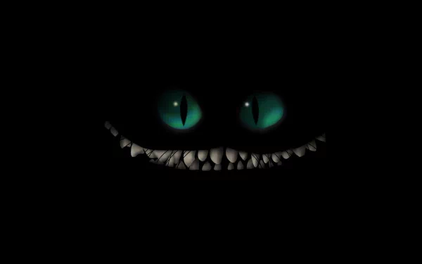 HD desktop wallpaper featuring glowing green eyes and a wide, toothy grin of the Cheshire Cat from the movie Alice in Wonderland (2010), set against a pitch-black background.