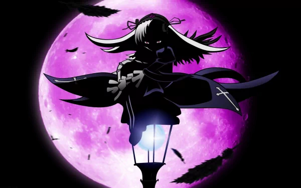 Anime-style Rozen Maiden character silhouetted against a vibrant purple full moon, with bats flying around, designed as an HD PC desktop wallpaper.