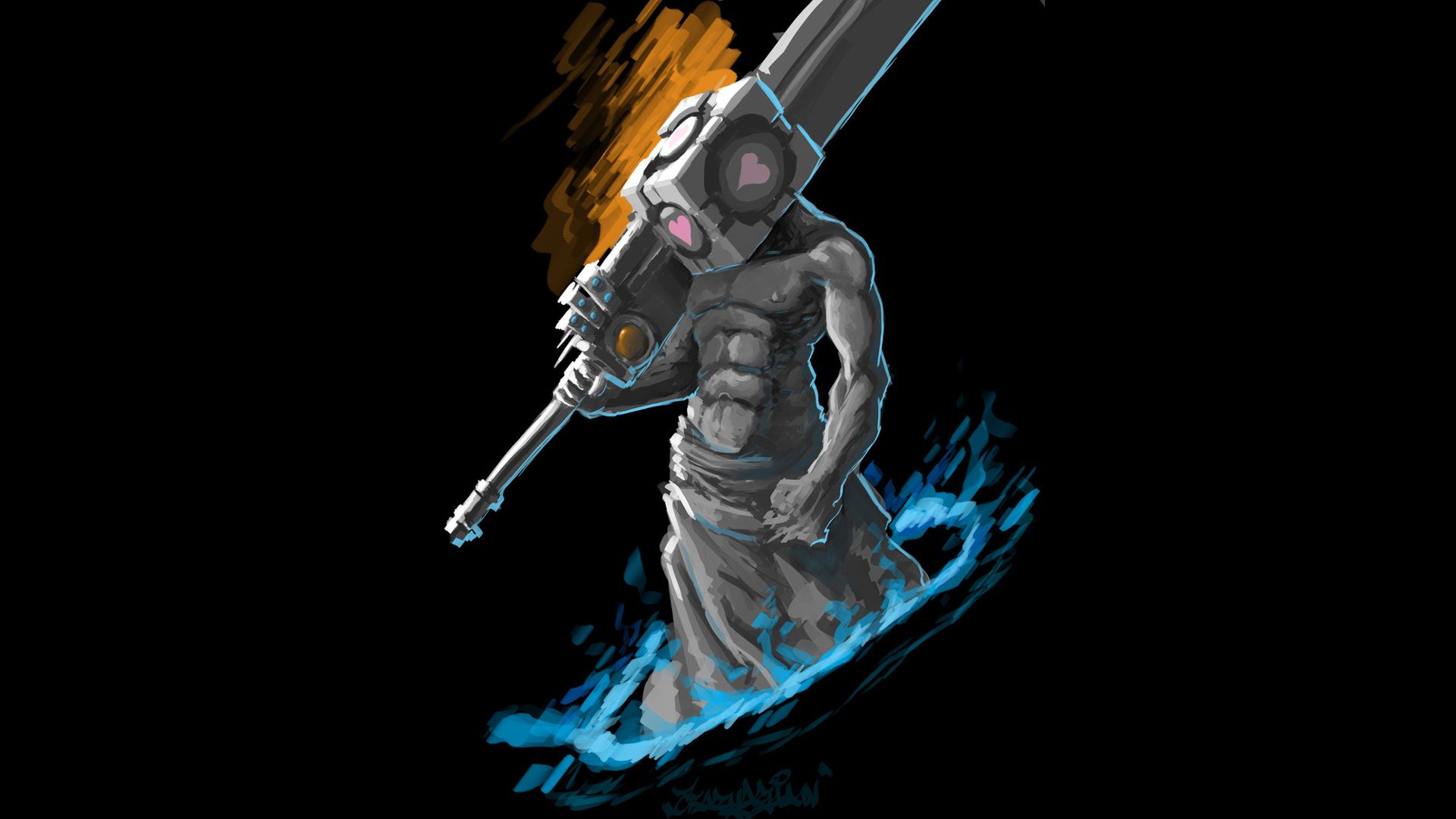 HD Silent Hill PC desktop wallpaper featuring a muscular, eerie creature holding a large weapon, surrounded by swirling blue and orange flames in a dark, atmospheric design.