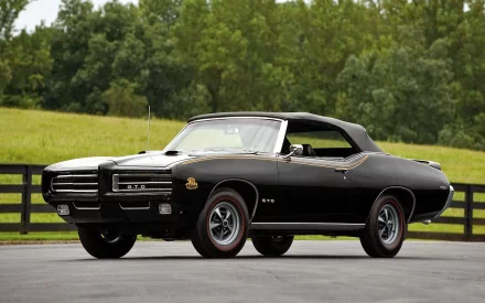 Black Pontiac GTO convertible parked before a tree-lined fence — classic Pontiac vehicle, HD PC desktop wallpaper/background.