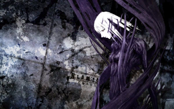 HD anime desktop wallpaper from Blame!, featuring a dark, textured background with a pale, masked figure entwined in purple tendrils.