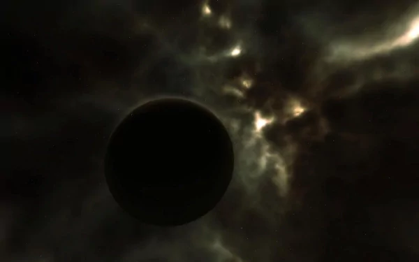 A dark planet looms against a backdrop of swirling cosmic clouds and stars, creating an immersive scene inspired by the video game EVE Online. HD desktop wallpaper and background.
