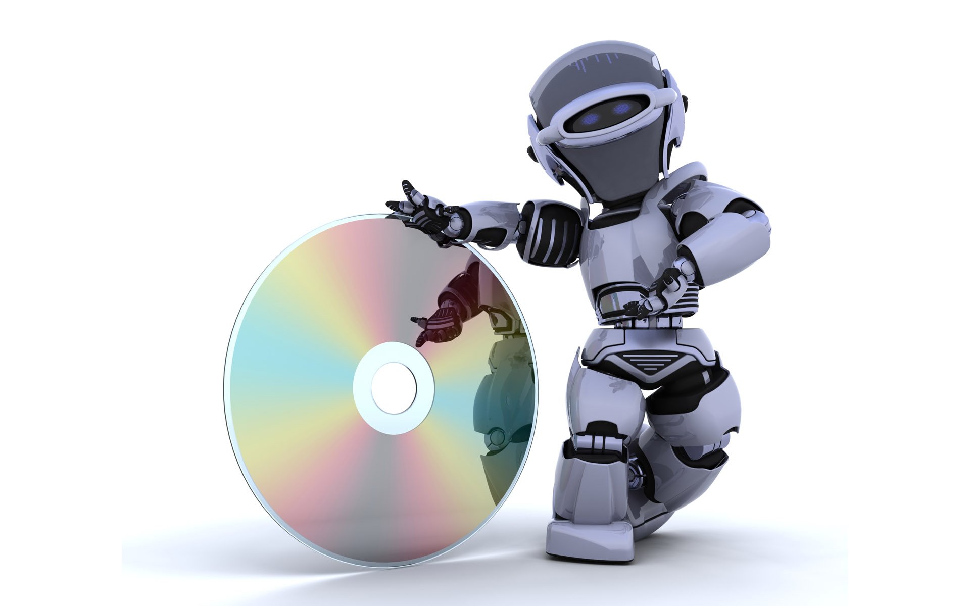 Artistic 3D art: robot leaning on a reflective CD against a white backdrop — HD PC desktop wallpaper and background.