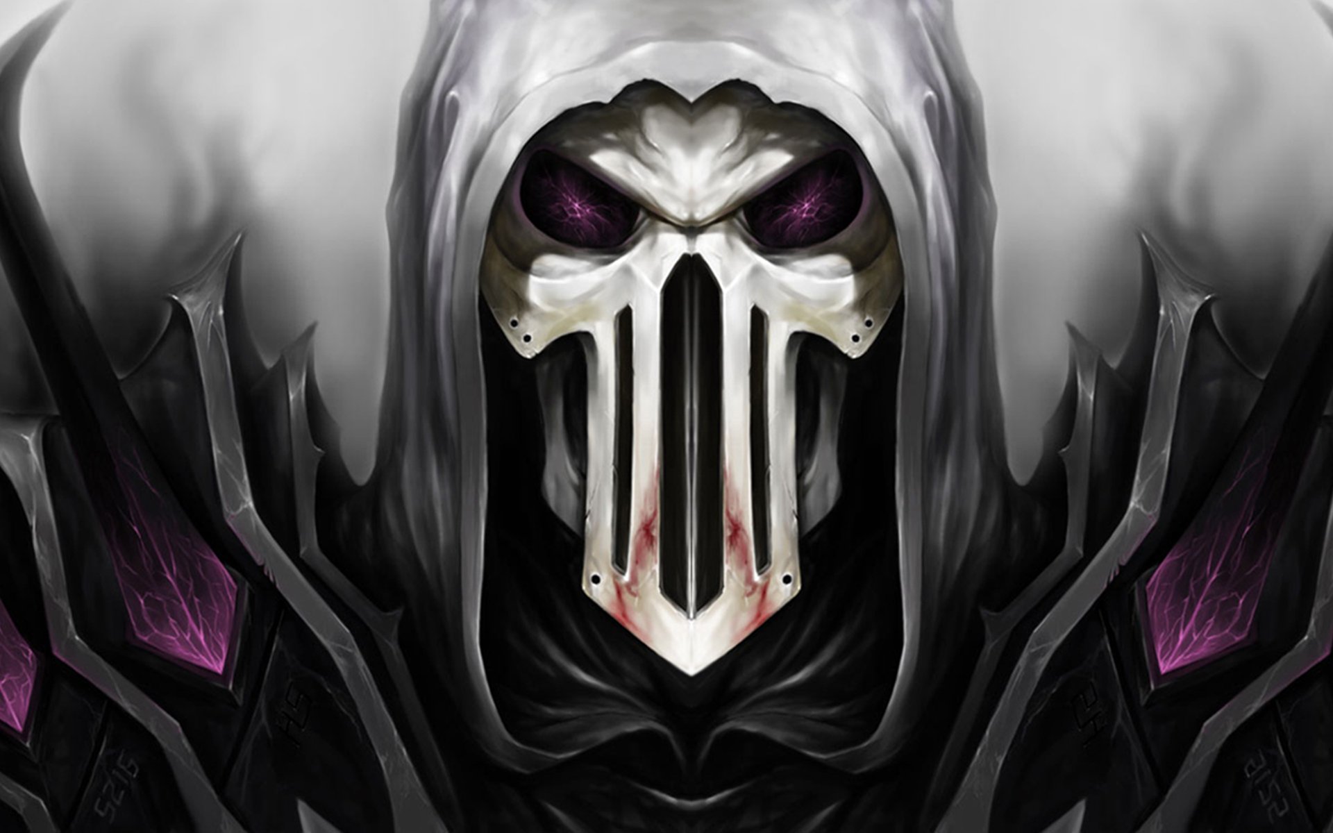 HD PC desktop wallpaper featuring a dark, hooded skeletal figure with glowing purple eyes from the video game World of Warcraft.