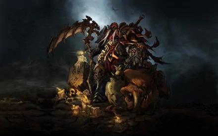 An HD PC wallpaper featuring a powerful character from the video game Darksiders, surrounded by ominous darkness and skulls, highlighting a dark, immersive fantasy theme.