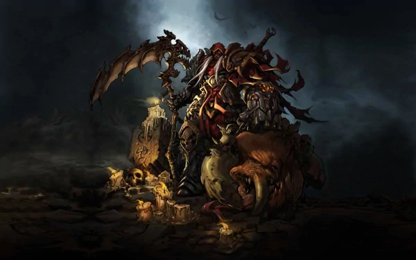 An HD PC wallpaper featuring a powerful character from the video game Darksiders, surrounded by ominous darkness and skulls, highlighting a dark, immersive fantasy theme.