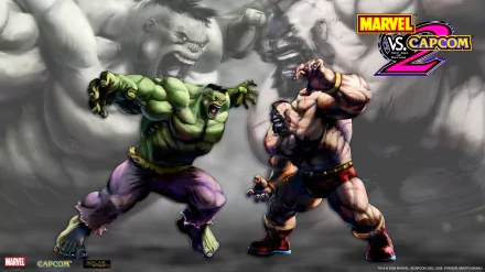 Hulk locked in combat in a Marvel vs. Capcom 2 video game scene — stylized 2K Quad HD PC desktop wallpaper background showing two muscular fighters mid-battle.