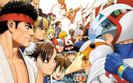 HD PC desktop wallpaper/background of the video game Tatsunoko vs. Capcom, featuring a colorful roster of Capcom and Tatsunoko heroes facing off in a dynamic showdown.