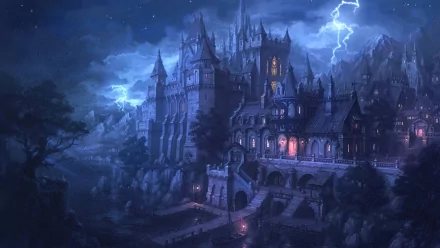 HD desktop wallpaper featuring a majestic, illuminated fantasy castle set against a dark, stormy night sky with bolts of lightning in the background.
