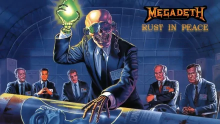 A vibrant HD wallpaper featuring Megadeth's Rust in Peace album artwork, showcasing a skeletal figure in a suit holding a glowing object, surrounded by suited figures.