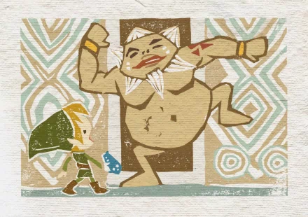 HD PC wallpaper featuring Darunia and Link from The Legend of Zelda: Ocarina of Time in a stylized, tribal art-inspired design.