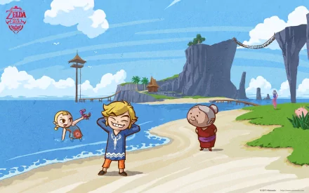 HD PC wallpaper of Link and Aryll from The Legend of Zelda: The Wind Waker: sunny beach scene, Link grinning on shore, Aryll splashing, with cartoon cliffs and a bridge in the distance.