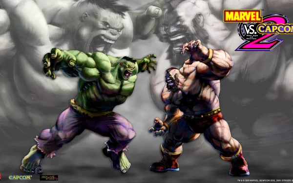 Hulk locked in combat in a Marvel vs. Capcom 2 video game scene — stylized 2K Quad HD PC desktop wallpaper background showing two muscular fighters mid-battle.
