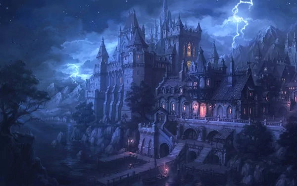 HD desktop wallpaper featuring a majestic, illuminated fantasy castle set against a dark, stormy night sky with bolts of lightning in the background.