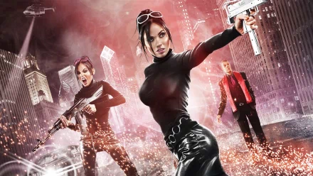 HD PC desktop wallpaper featuring characters from the video game Saints Row: The Third in action poses with guns in a fiery urban setting.