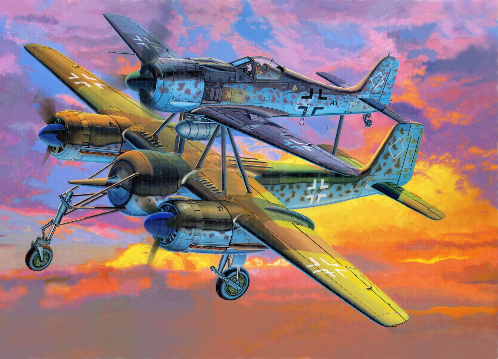 4K Ultra HD military aircraft wallpaper featuring two historic propeller planes flying against a vivid, colorful sunset sky, blending aviation history with striking visuals.
