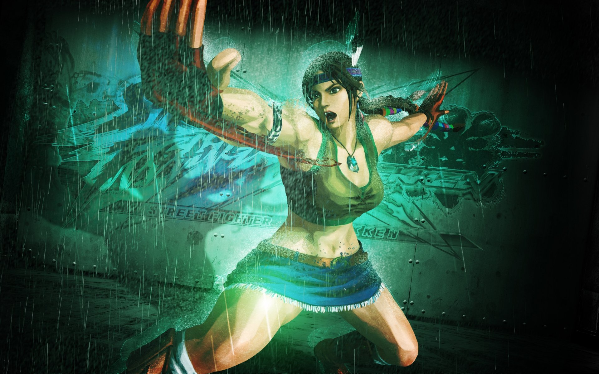 HD PC desktop wallpaper featuring a dynamic character from the video game Street Fighter X Tekken in an action pose with a dark, rainy background.