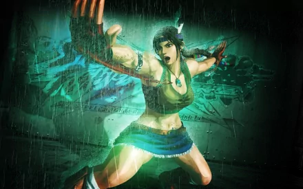 HD PC desktop wallpaper featuring a dynamic character from the video game Street Fighter X Tekken in an action pose with a dark, rainy background.