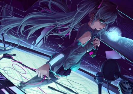 HD PC desktop wallpaper featuring a CGI anime-style Vocaloid character Hatsune Miku with headphones, glowing hair strands, and futuristic digital elements.