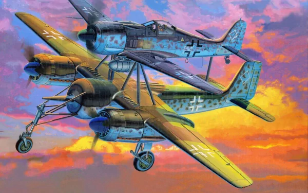 4K Ultra HD military aircraft wallpaper featuring two historic propeller planes flying against a vivid, colorful sunset sky, blending aviation history with striking visuals.