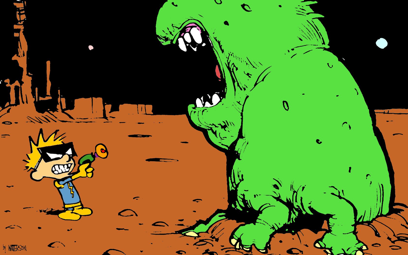 HD PC desktop wallpaper featuring Calvin from the Calvin & Hobbes comic defending himself against a large green monster on a barren, alien-like landscape.