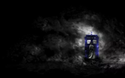 A dramatic HD wallpaper featuring the iconic TARDIS from the TV show Doctor Who (2005), set against a dark, swirling background.