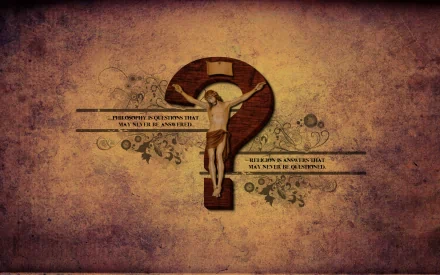 A thought-provoking HD desktop wallpaper featuring a large question mark and a figure on a cross, accompanied by impactful text about unanswered questions.