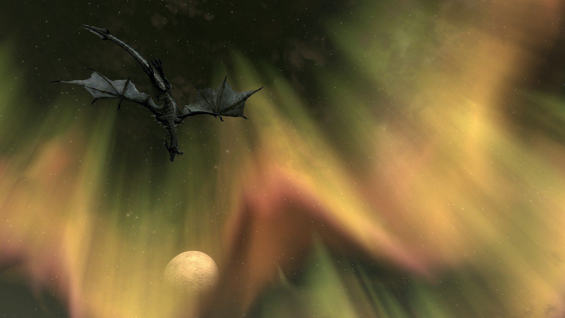 HD PC desktop wallpaper of a Skyrim dragon flying under green-orange aurora borealis and a pale moon — The Elder Scrolls V: Skyrim video game.