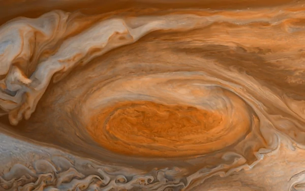 HD PC desktop wallpaper showcasing a detailed swirl on Jupiter's stormy atmosphere, capturing a sci-fi inspired view of the planet's iconic Great Red Spot.