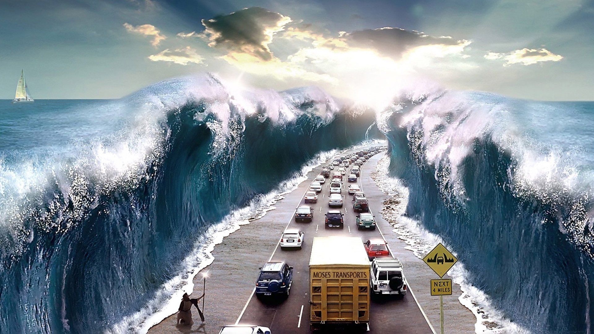 HD PC desktop wallpaper showing a funny scene of a highway with giant ocean waves towering on both sides, blending surrealism with everyday traffic.