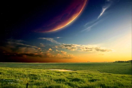 A stunning HD landscape featuring a dreamy sky and distant planet above lush green fields, capturing the beauty of nature and an otherworldly atmosphere.