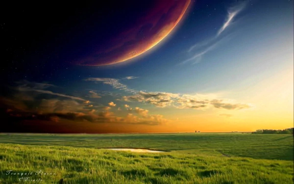 A stunning HD landscape featuring a dreamy sky and distant planet above lush green fields, capturing the beauty of nature and an otherworldly atmosphere.