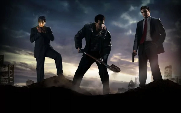HD PC desktop wallpaper featuring characters from the video game Mafia: The City of Lost Heaven against a dark, moody urban skyline backdrop.