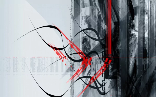 Abstract vector art featuring bold black and red lines against a textured monochromatic background. This dynamic design serves as an HD desktop wallpaper or background.