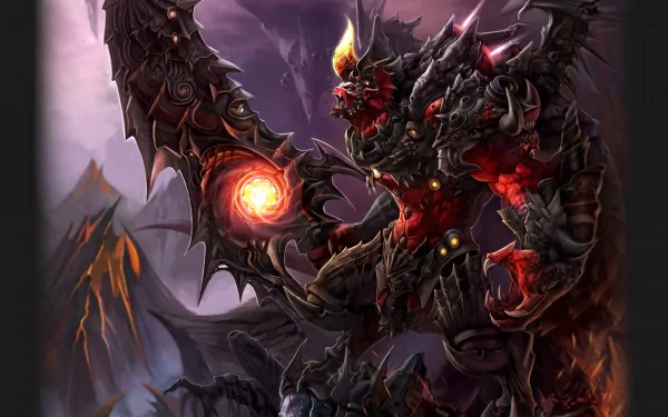 HD PC desktop wallpaper featuring a fierce, armored demon warrior from the video game Dominance War, set against a dark, volcanic landscape.