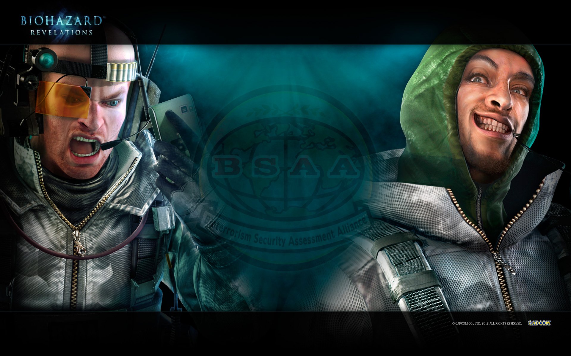 HD PC desktop wallpaper for the video game Resident Evil: Revelations, showing two armored characters in cold-weather gear flanking a teal, emblem-bearing background.