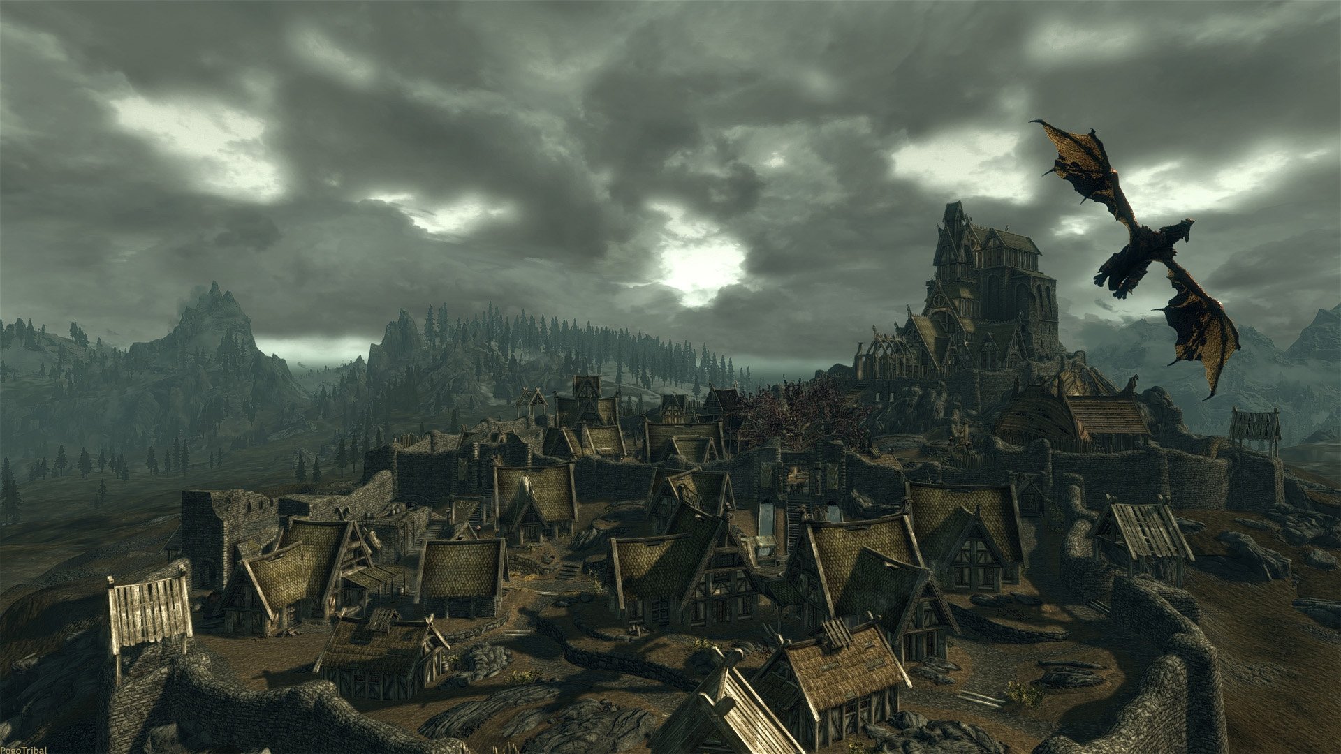 HD PC desktop wallpaper featuring a dark, stormy village with a flying dragon from the video game The Elder Scrolls V: Skyrim.