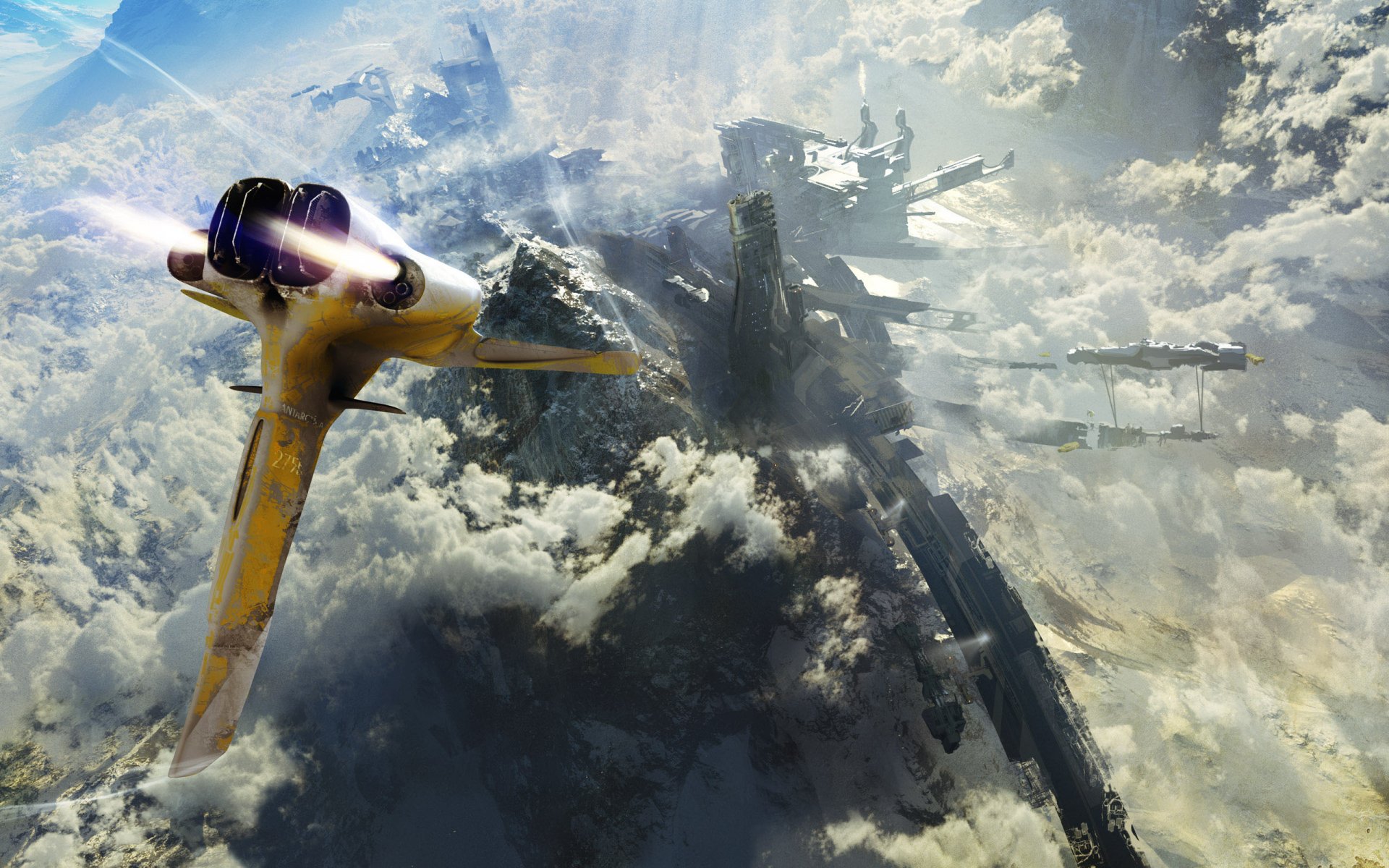 A dynamic spaceship soaring through vibrant clouds in a stunning sci-fi landscape, making for an inspiring HD wallpaper that captures the essence of space exploration.