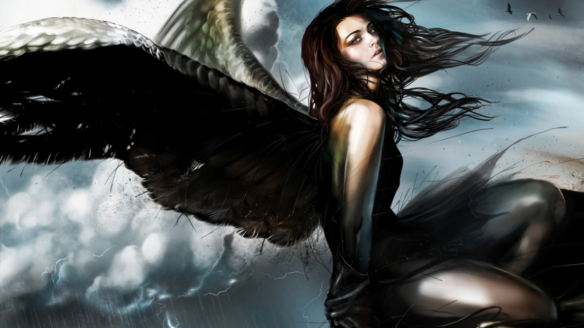 A captivating fantasy wallpaper featuring an angelic figure with dark wings, set against a dramatic sky, showcasing a blend of ethereal beauty and powerful presence.