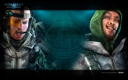 HD PC desktop wallpaper for the video game Resident Evil: Revelations, showing two armored characters in cold-weather gear flanking a teal, emblem-bearing background.