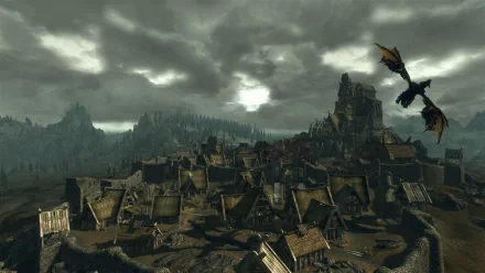 HD PC desktop wallpaper featuring a dark, stormy village with a flying dragon from the video game The Elder Scrolls V: Skyrim.