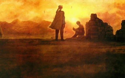 HD PC desktop wallpaper from the video game Final Fantasy Tactics: two silhouetted figures on a ruined battlement at sunset, warm golden sky and distant mountains.