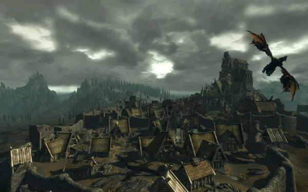 HD PC desktop wallpaper featuring a dark, stormy village with a flying dragon from the video game The Elder Scrolls V: Skyrim.