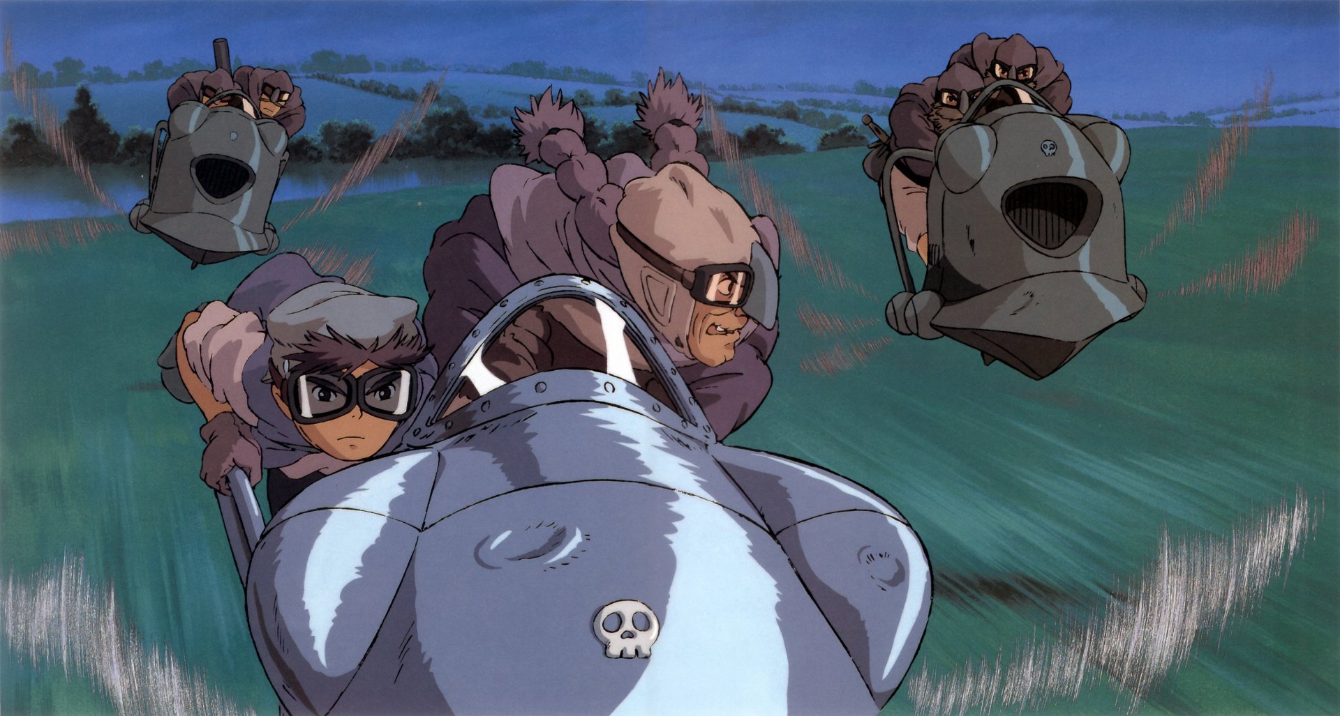 HD anime desktop wallpaper featuring characters and flying robots from Studio Ghibli's Laputa: Castle in the Sky in a dynamic action scene.