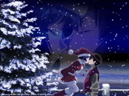 HD anime desktop wallpaper featuring a winter scene from Ai Yori Aoshi with two characters in Christmas attire sharing a tender moment by a snow-covered tree at night.