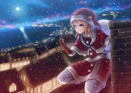 An anime girl in a festive outfit, surrounded by snowfall, smiles from a rooftop. The night sky sparkles above a charming town, creating a magical Christmas atmosphere.