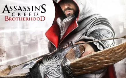 HD desktop wallpaper featuring a character from Assassin's Creed: Brotherhood, showcasing a hooded assassin wielding a crossbow against an urban backdrop.