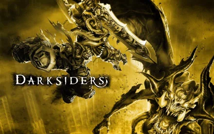 HD PC desktop wallpaper of the video game Darksiders: armored horseman wielding a massive blade lunging through a golden haze toward a snarling, horned demonic adversary.