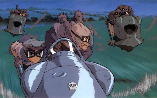 HD anime desktop wallpaper featuring characters and flying robots from Studio Ghibli's Laputa: Castle in the Sky in a dynamic action scene.