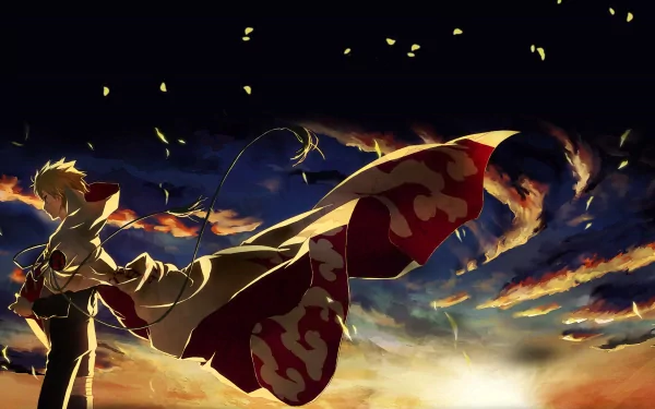 HD desktop wallpaper featuring Naruto Uzumaki from the anime Naruto, with blonde hair against a dramatic sky backdrop filled with swirling clouds and floating leaves.